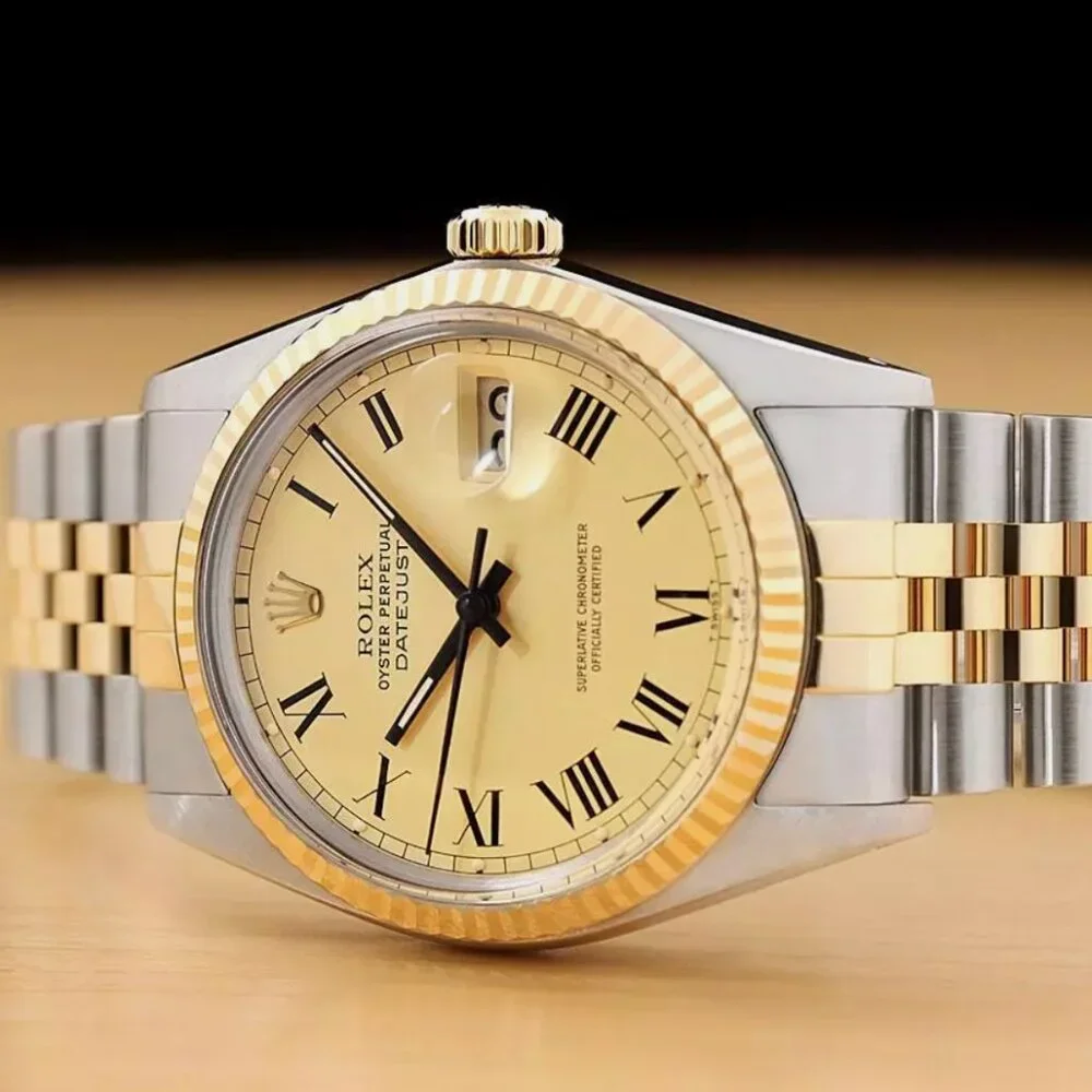 Rolex Men's Champagne 18k Gold Black Roman Watch